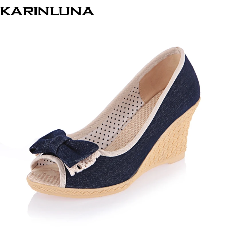 

KARINLUNA 2018 Spring summer sweet Bow peep toe Woman Pumps shoes Wedge High Heels Women Shoes wholesale dropship