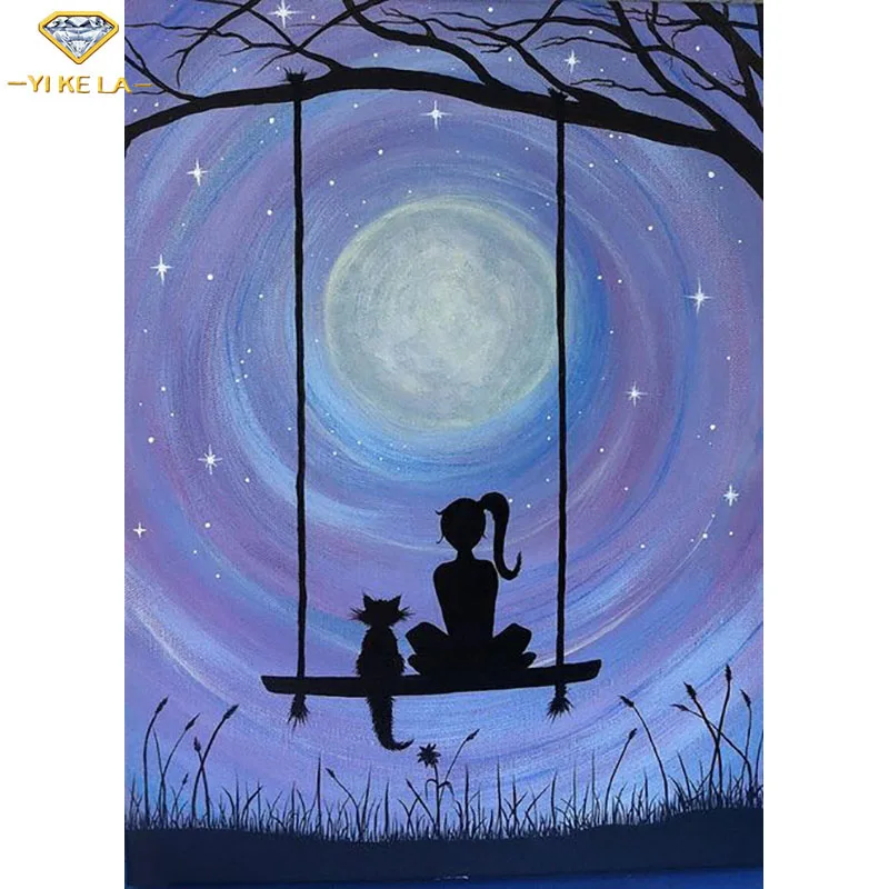 

5D Diamond Embroidery Swing Girl Cat Cross Stitch DIY Diamond Painting Moon Landscape Diamond Rhinestones Home Decor Love Gift
