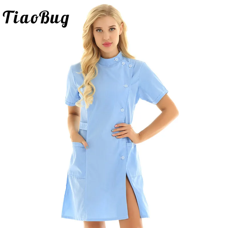 

TiaoBug Women Short Sleeves Solid Color Hospital Doctor Uniform Scrub Tops Medical Services Lab Coat Adult Nurse Dress Costume