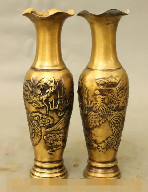 

S00797 8 Chinese Bronze Auspicious Home Decoration Dragon Phoenix Statue Vases Pot Pair (B0413)
