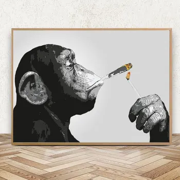 

Animal Canvas Painting Monkey Smoking Art Wall Prints Poster Abstract Chimps Family Selfie Painting Wall Picture For Living Room