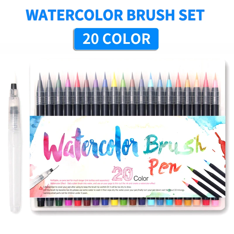 

20Colors Water Color Paint Brush Set Nylon Hair Soft Tip Pointed Brush With 1Piece Water Brush Calligraphy Pen Markers Pen