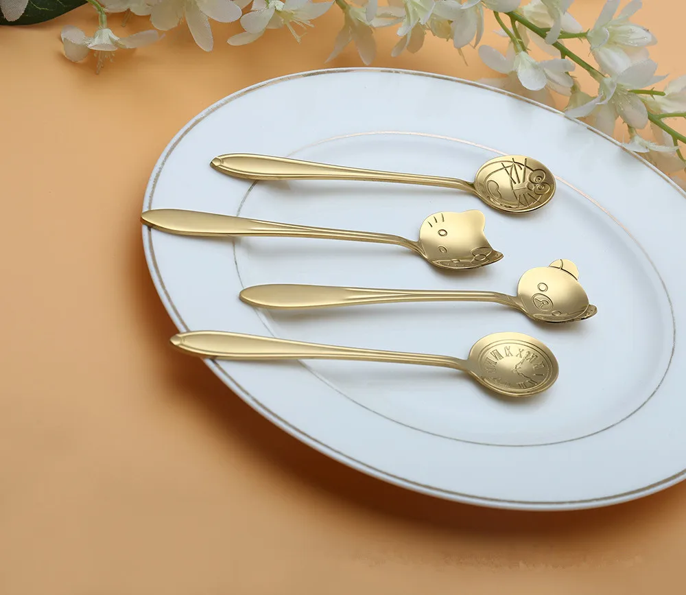 

4pcs/set Tableware Cartoon Kitty Bear Stainless Steel Silver Tea Coffee Spoon Teaspoons Ice Cream Flatware Kitchen Tool
