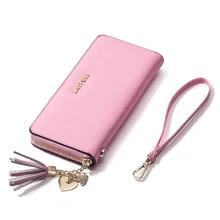 Luxus Marke Kuh Echtes Leder Geldbörse Bunte Frauen Rosa Brieftaschen Quaste Anhänger Damen Lange Brieftasche Weibliche Geldscheinklammer Geldbörsen