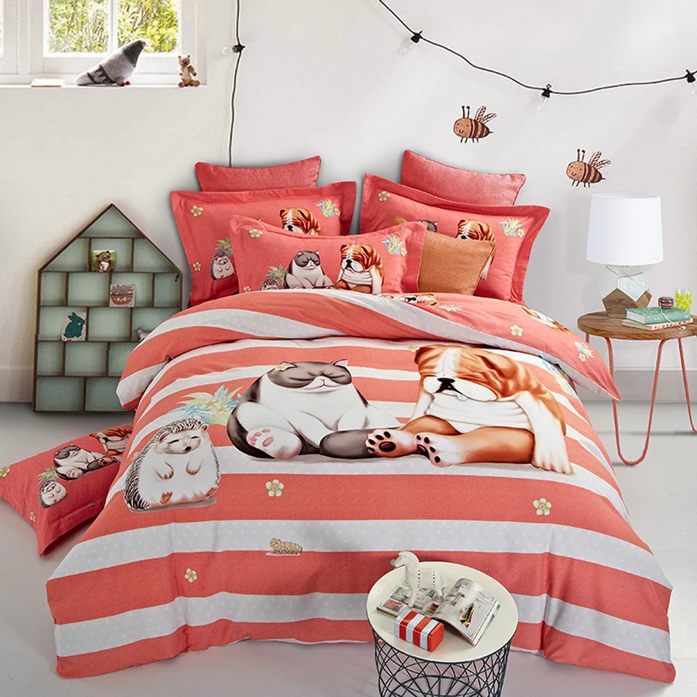 

Papa&Mima Fat cat and dog print bedlinens Sanding cotton bedding set Queen King size flat sheet pillowcases duvet cover sets