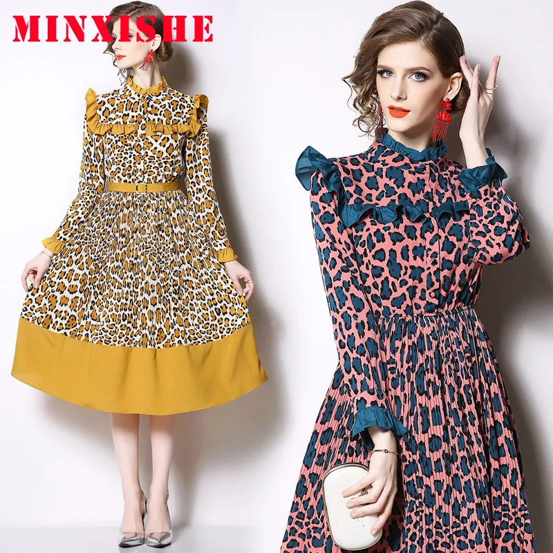 

Autumn spring woman Dress 2019 Sexy leopard Draped Vintage Elegant plus size Midi Long sleeve Casual Ruffle yellow ladies Dress