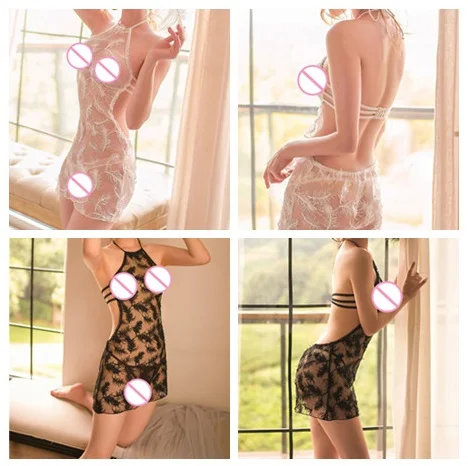 Ladies Lace Halter Sexy Sleepwear Sexy Perspective Feather Embroidered Nightwear Mini Babydoll Nightdress