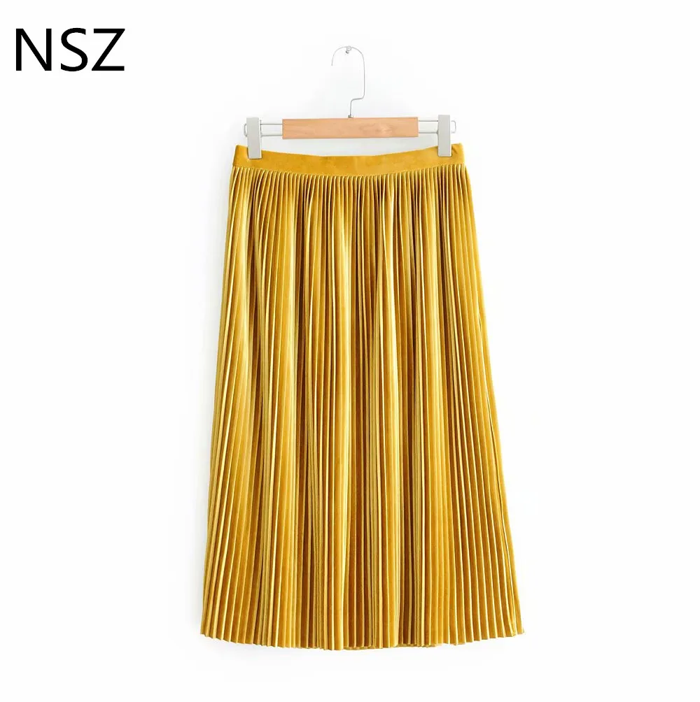 NSZ Для женщин бархат плиссированные юбки Свободные Повседневное A-Line Midi Skirt