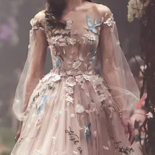 DlassDress сексуальные платья выпускного вечера с длинными рукавами цветочной вышивкой Вечерние вечернее платье с аппликацией Тюль по щиколотку официальная одежда