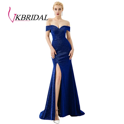 VKbridal сексуальное платье с открытым плечом и Высоким Разрезом Длинное Сверкающее вечернее платье Русалка платья блестящие платья подружки невесты Плюс Размер - Цвет: Royal Blue