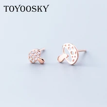 TOYOOSKY трендовые серьги-гвоздики розового, золотого, серебряного цвета, милые асимметричные серьги-гвоздики в виде гриба для женщин и девушек, подлинные 925 пробы, серебряные серьги