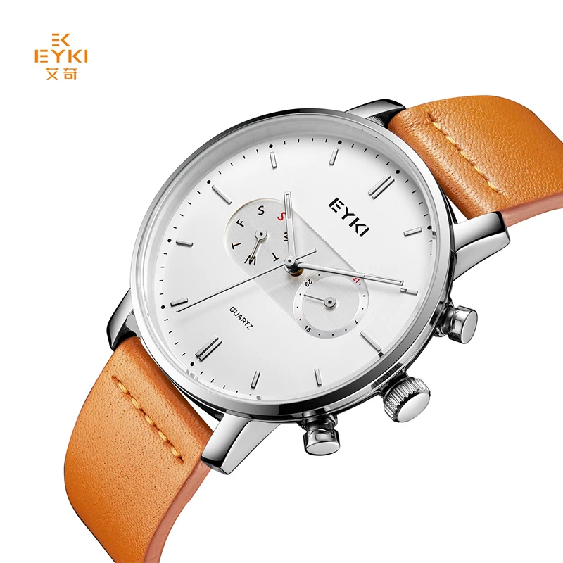 

EYKI Brand Unique Design Double Dial Week Date Display Men Watches Simple Fashion Cowhide Leather Quartz Watch Relogio Masculino