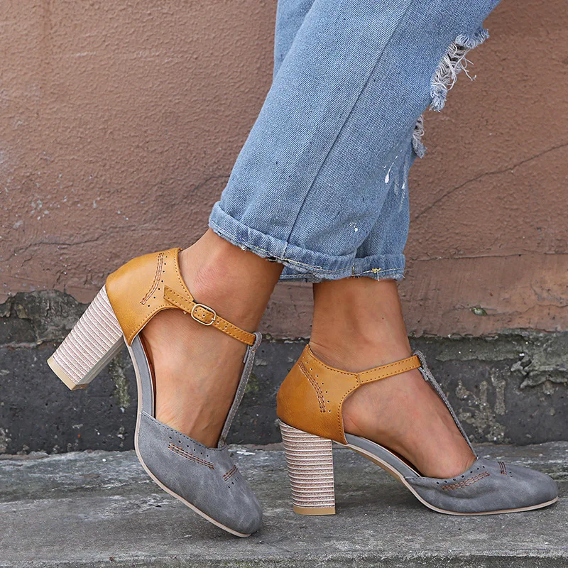 2019 Summer Sandals Newest Leather Patchwork Retro Vintage Women High Heels Square Heel Round Toe T Buckle Pumps Shoes