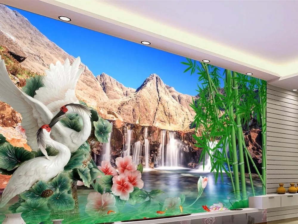 Wallpaper Scenery For Walls Custom 3d Background Wallpapers Waterfall Crane Bamboo Forest 3d