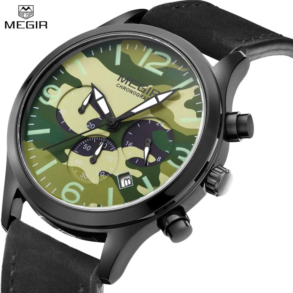 MEGIR Men Chronograph Unique Style Sport Watch Black Leather Camouflage Dial Future Explorers Automatic Outdoor Commando