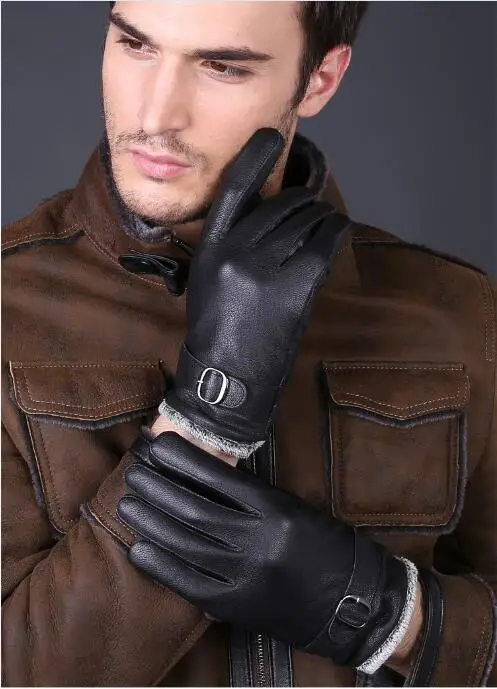 Зимние Для мужчин высокой моды плюс бархатные толстые теплые из натуральной кожи черные перчатки мужской флис оленьей Drive наручные