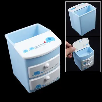 

Blue White Plastic Coboid Pen Holder w 3 Small Drawer