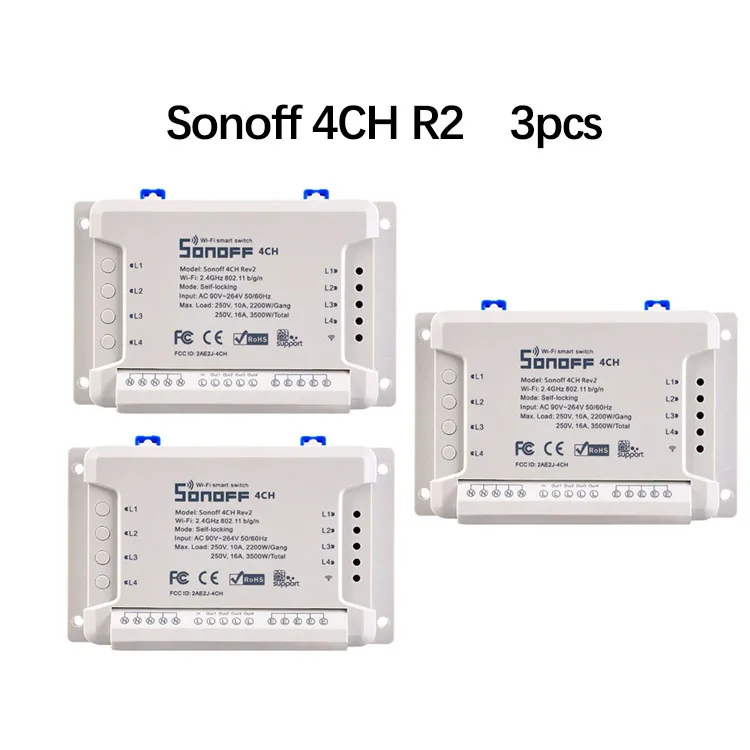 SONOFF 4CH R2 4 канальный беспроводной Wi-Fi светильник 4 комплекта пульт дистанционного управления 10A/2200 Вт поддержка Alexa Google home для умного дома - Комплект: 3pcs 4ch