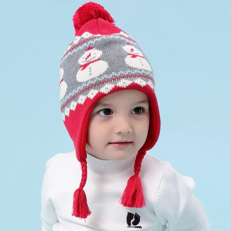Baby Knitted Warm Pompon Hat Kids Winter Warm Ear Protection Cap Cotton