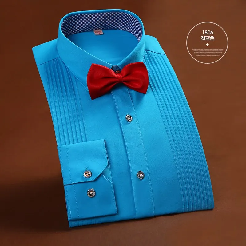 Роскошные мужские брендовые рубашки с французскими манжетами, повседневная сорочка красного и белого цвета, деловые вечерние рубашки для смокинга, однотонные мужские запонки, мужская одежда 4XL - Цвет: Lake blue 1806