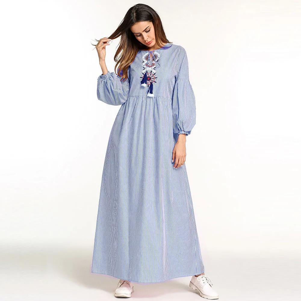 2018 abaya платье повседневное мусульманское 4/5 рукав женское Полосатое Макси
