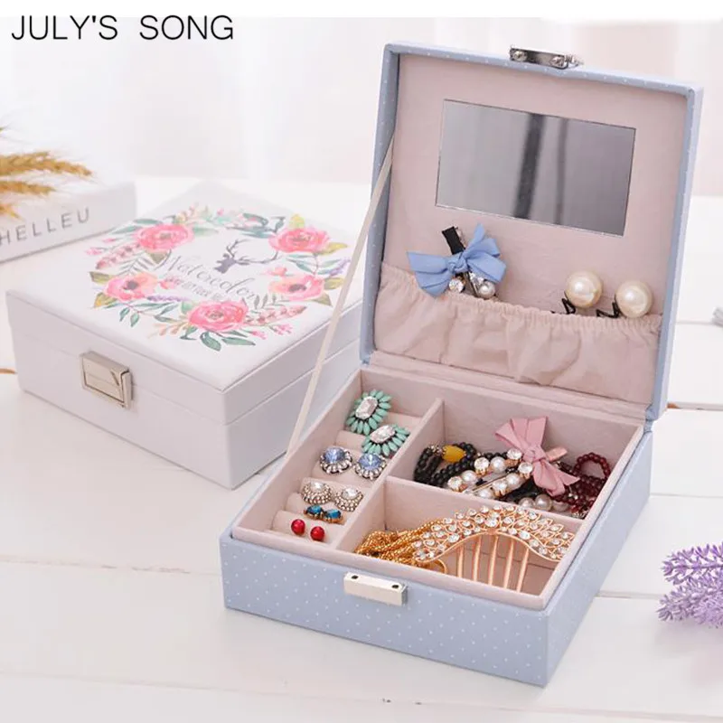 

JULY'S SONG Jewelry Organizer Box Leather Cosmetic Storage Ring Carrying Case Container Travel Casket For Decoration Gift Bag