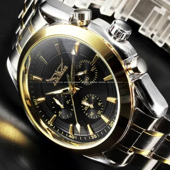 

JARAGAR New Black Golden Case Stainless Steel Multifunction Day Date 24 Hours Display Watches Men Luxury Brand Automatic Watch