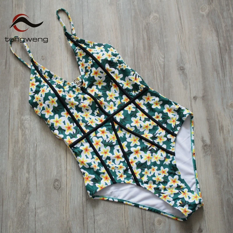 Tengweng 2019 Sexy Deep V Green Floral Print Women One piece Swimwear Plus size Brazilian Swimsuit Push up Female Bodysuit cheap
