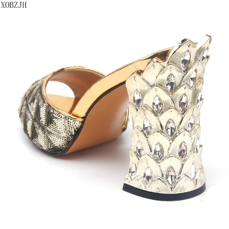 Женская летняя обувь; прозрачные босоножки золотистого цвета на высоком каблуке; свадебные туфли; коллекция года; женская обувь с открытым носком и блестками; Роскошная Брендовая женская обувь; американский Размер 11