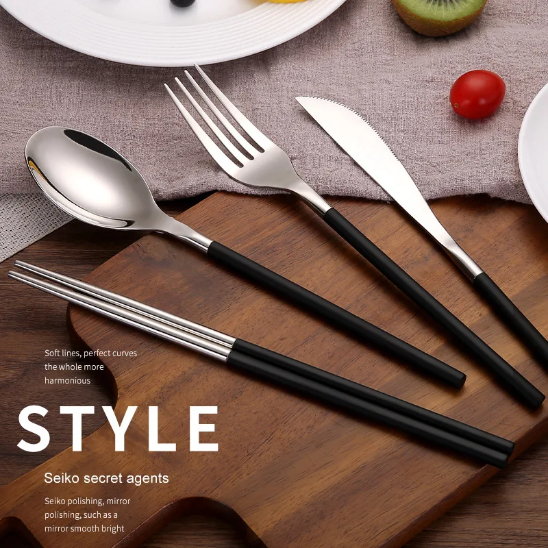 Black Cutlery Stainless Steel Western Food Luxury Tableware Sets Knives Fork Steak Knife Tablespoon Chopstick Dinnerware Set