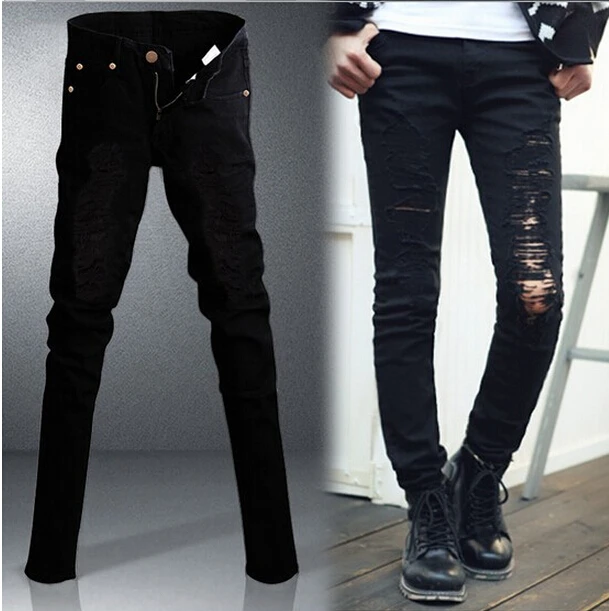 Compare Prices On Mens Black Ripped Skinny Jeans- Online Shopping 2015 New Arrival Men's Punk Harajuku Black Slim Skinny Jeans Casual Hole Ripped Excellent Designer Korea - Compare Prices On Mens Black Ripped Skinny Jeans- Online Shopping