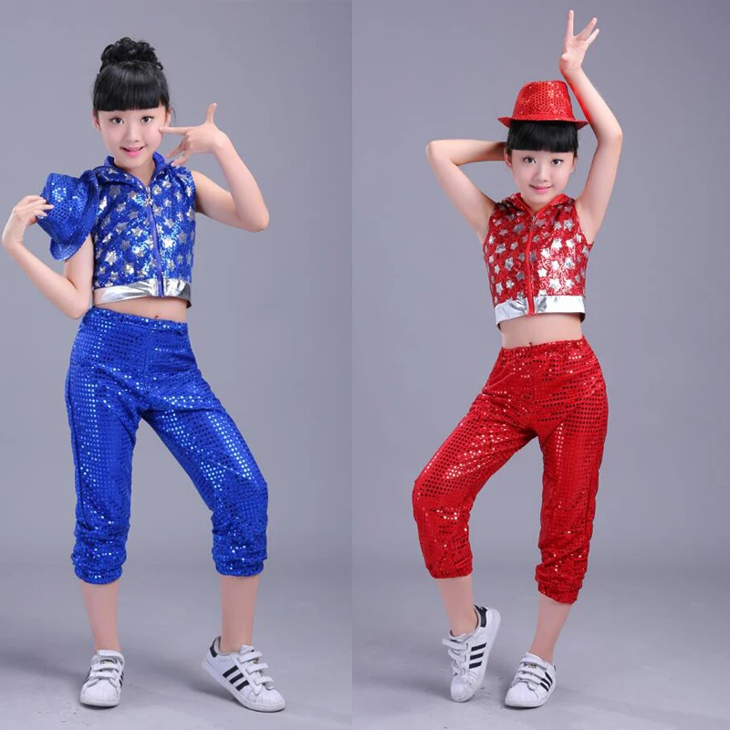 Red Blue Kids Sequined Modern Hip Hop dancing Outfits Girls Jazz Tap Dance costumes Children's Stage wear Ballroom Party Costume