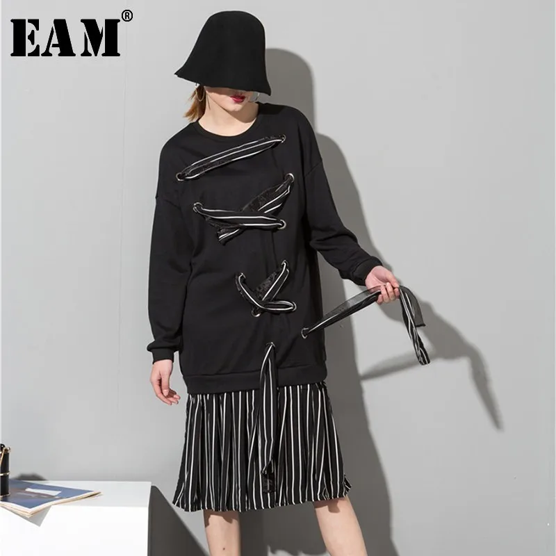 

[EAM] 2019 New Spring Summer Round Neck Long Sleeve Black Hem Striped Ruffles Bandage Loose Dress Women Fashion Tide JO280