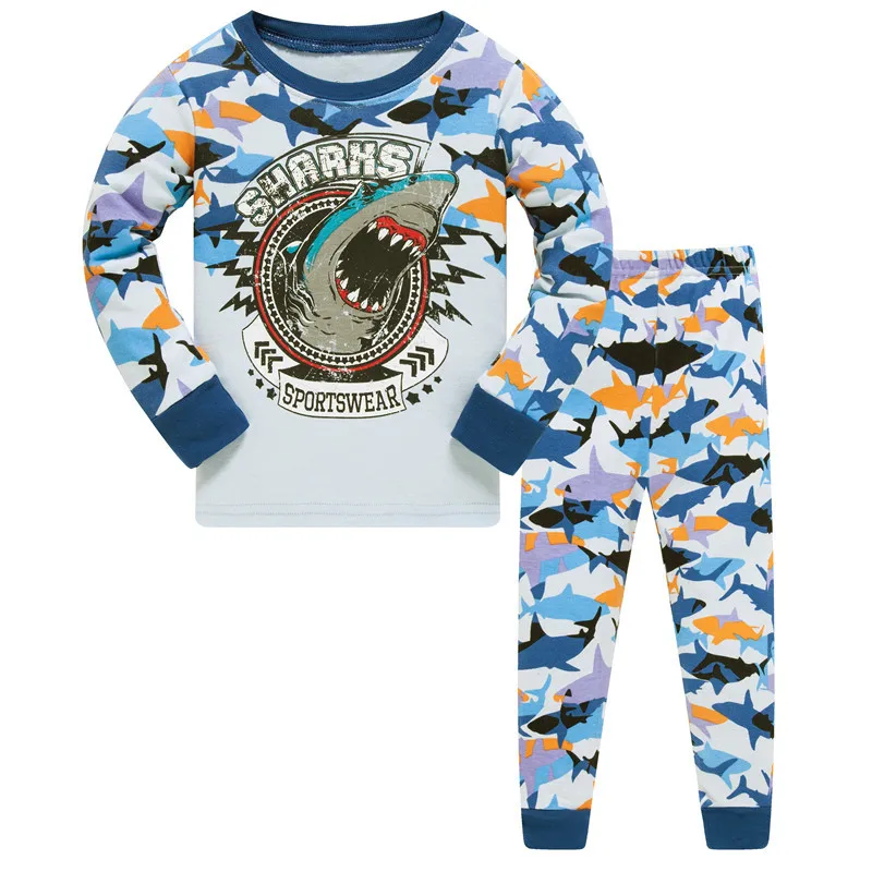 От 3 до 8 лет Комплекты детских пижам с изображением Акулы детский пижама для мальчиков рубашки голубой комплект одежды для мальчиков, пижама с длинными рукавами, футболка со штанами, одежда для сна из хлопка