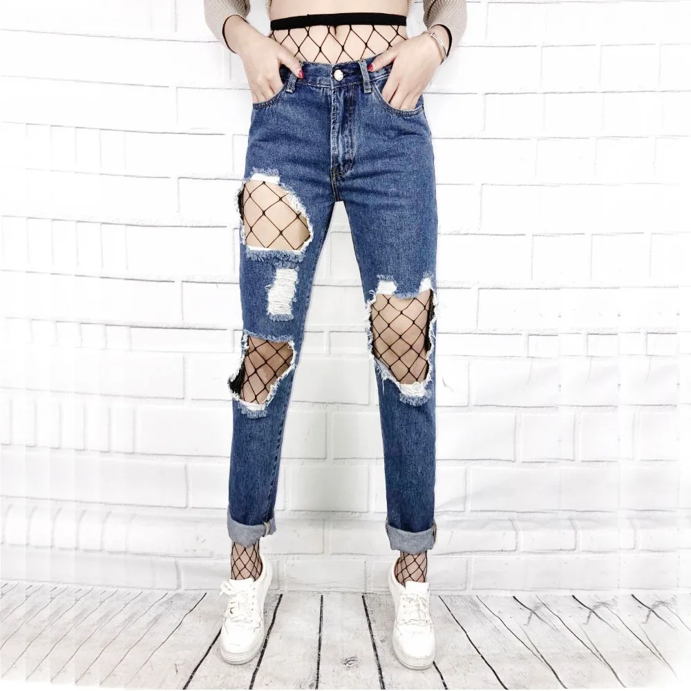 Europen primavera nuovi arrivi grandi buchi crooped jeans diritti di modo  con calze a rete due pezzi| | - AliExpress