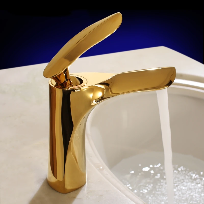 Modern Luxury Golden Finished Brass Faucet Bathroom Faucets Single Handle Cold and Hot Water Mixer Sink tap High Basin Faucet