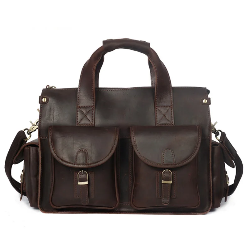 

Men Genuine Leather Briefcases 15.6 Inch Laptop Briefcase Vintage Crazy Horse Leather Messenger Shoulder Bag Crossbody Tote 2061
