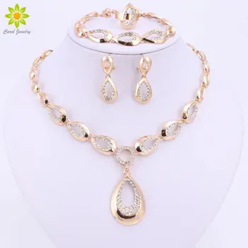 

Women Crystal Jewelry Sets Choker Necklaces Sets Bracelets Rings Gold Color Water Drop Pendants Classic Earrings
