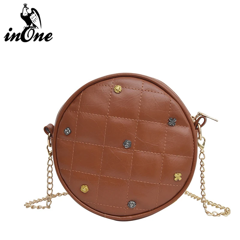 

INONE Round Lattice Purses PU Leather Clutches Box Shoulder Crossbody Bags for Women 2019 Cute Handbag Soft Case Bag