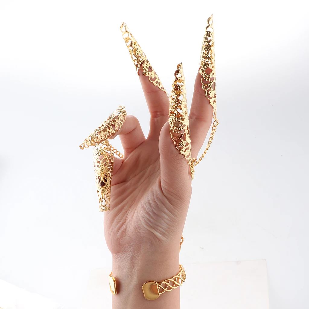 Stylish Belly Dance Gypsy Egyptian Indian Gold Bracelet Finger Nails Red Gem Hand Jewelry for Stage Performance