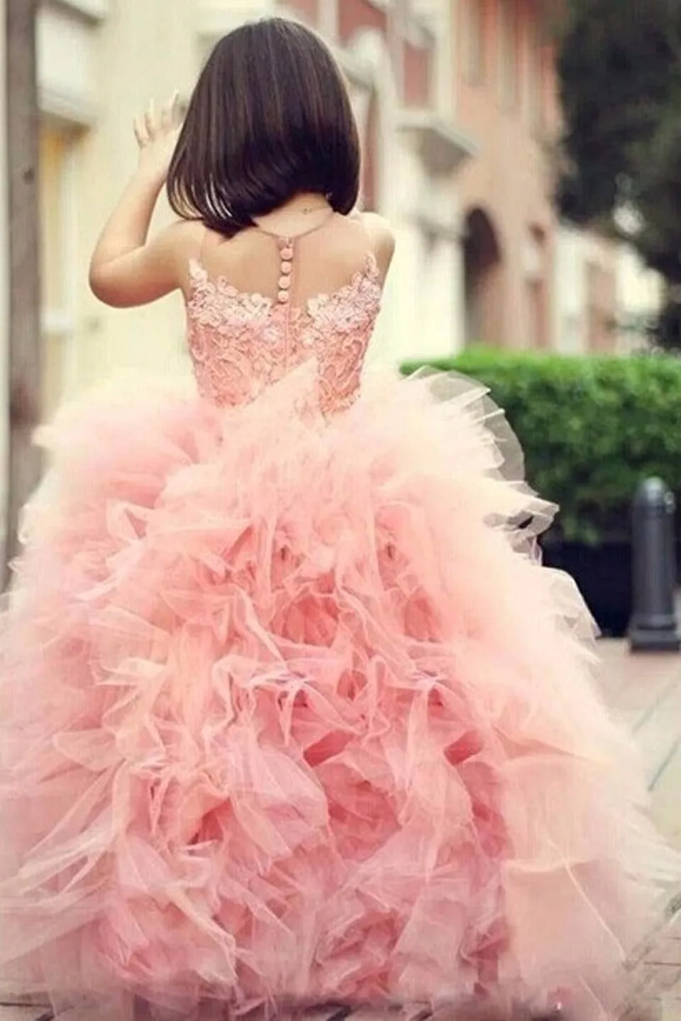 

Little Girl Pageant Dresses Lace Ruffles Skirt Peach Tulle Ball Gown Flower Girls Dresses For Wedding Girls Formal Party Dress