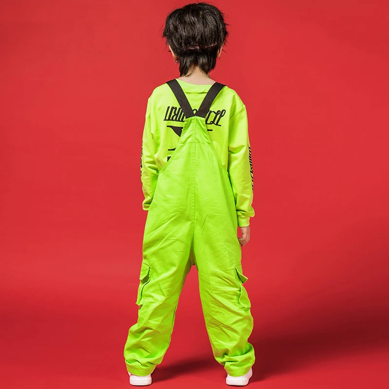 New Kids Dance Costumes Boys Neon Green Clothes Bib Pants For Street Dance Dtage Costume Children Boys Hip Hop Wear BL1933