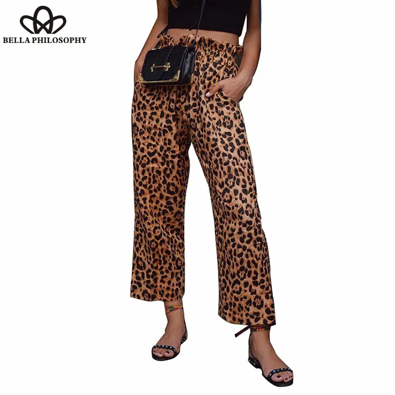 Wonder Leopard Flare Trousers Women Elastic High Waist Long Pants Female Wide Leg Pants Frill Loose Street Wear Bottoms 2019