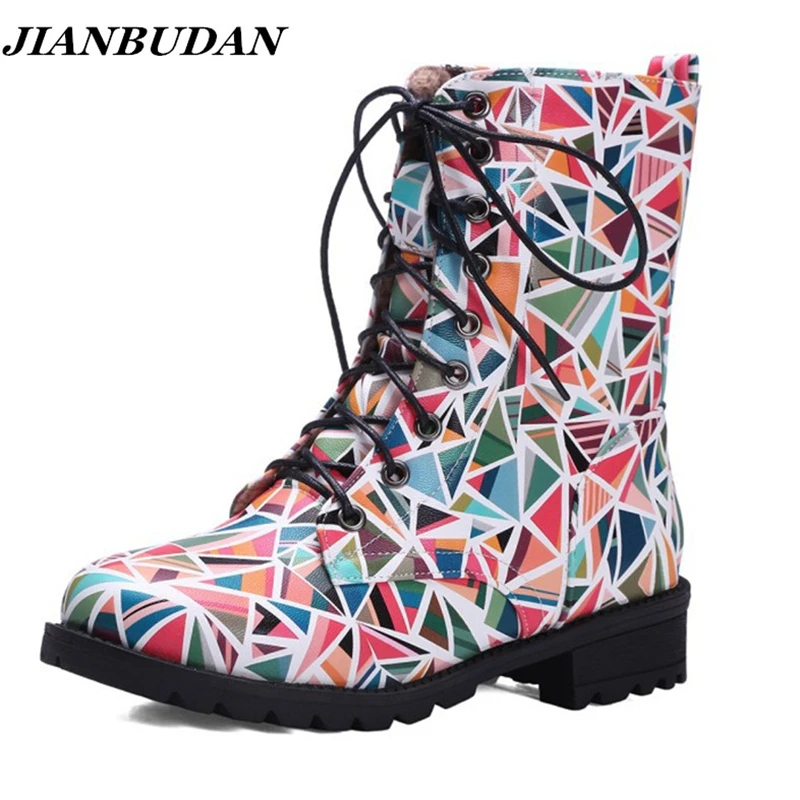 

JIANBUDAN Wellies Punk Martins Boots Women Ankle Riding Boots Large Size Lace 2017 Autumn Winter Waterproof warm Boots