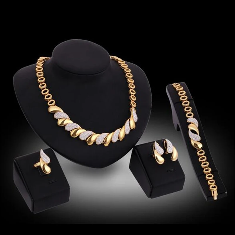 Новые африканские Ювелирные наборы, Золотое модное ожерелье, серьги, браслет, кольцо для женщин, золотой цвет, ювелирный набор, свадебные аксессуары