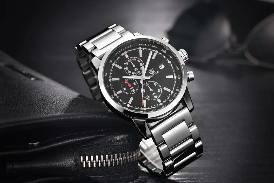 Zegarek męski elegancki na bransolecie Benyar Steel srebrno-czarny 10 Img54270