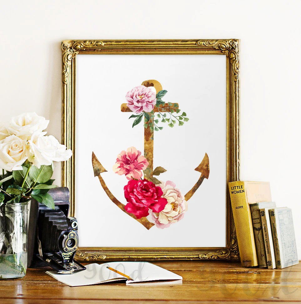 Bunga Antik Jangkar Canvas Art Print Lukisan Poster Cat Air Gambar