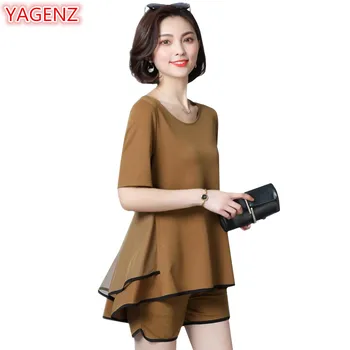 

YAGENZ Two Piece Set Summer Tops For Women 2018 Plus size Clothing Fashion 2 Piece Outfits For Women Blouse Top And Shorts Set
