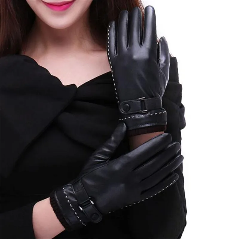 New 1 Pair Womens Winter Warm Black Thick Full Fingers Gloves PU