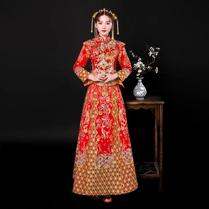 Красное женское традиционное свадебное платье Qipao 2019 Новое китайское с вышивкой